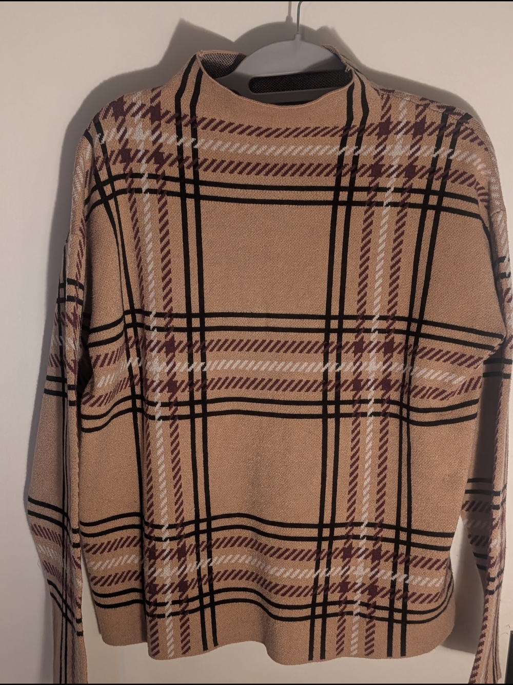 Tahari Camel Plaid Mock Neck Sweater with Black and Mauve Accents